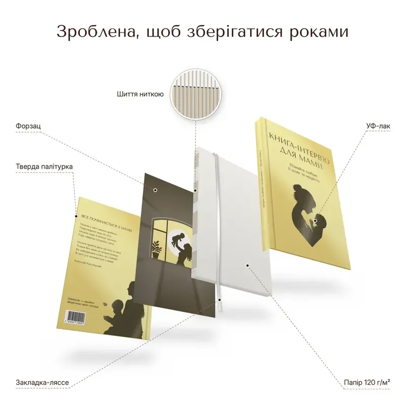 Будова книги: тверда палітурка, шиття нитками, форзац, папір 120 г/м², закладка-ляссе, УФ-лак